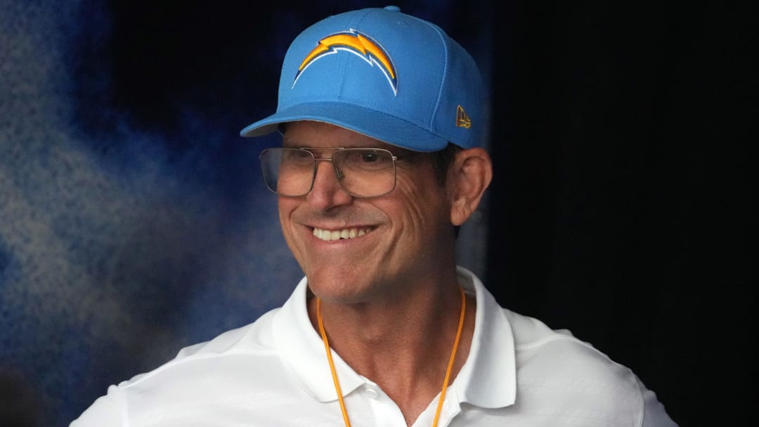 Aug 17, 2024; Inglewood, California, USA; Los Angeles Chargers coach Jim Harbaugh reacts against the Los Angeles Rams in the first half at SoFi Stadium. Mandatory Credit: Kirby Lee-USA TODAY Sports