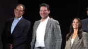 Feb 6, 2024; Las Vegas, NV, USA; CBS Sports play-by-play announcer Jim Nantz (left), analyst Tony Romo (center) and sideline reporter Tracy Wolfson at press conference at the Super Bowl 58 Media Center at the Mandalay Bay Resort and Casino.  Mandatory Credit: Kirby Lee-USA TODAY Sports