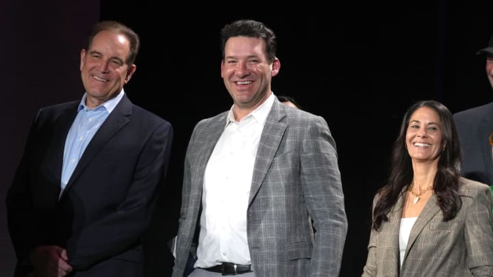 Feb 6, 2024; Las Vegas, NV, USA; CBS Sports play-by-play announcer Jim Nantz (left), analyst Tony Romo (center) and sideline reporter Tracy Wolfson at press conference at the Super Bowl 58 Media Center at the Mandalay Bay Resort and Casino.  Mandatory Credit: Kirby Lee-USA TODAY Sports