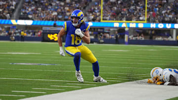 Aug 12, 2023; Inglewood, California, USA; Los Angeles Rams wide receiver Ben Skowronek (18) carries the ball against the Los Angeles Chargers at SoFi Stadium. Mandatory Credit: Kirby Lee-Imagn Images