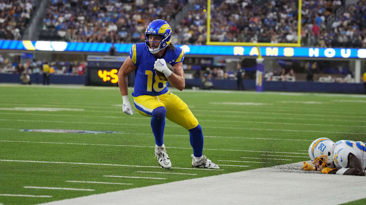 Aug 12, 2023; Inglewood, California, USA; Los Angeles Rams wide receiver Ben Skowronek (18) carries the ball against the Los Angeles Chargers at SoFi Stadium. Mandatory Credit: Kirby Lee-Imagn Images