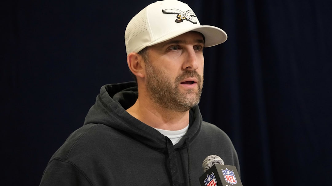 Philadelphia Eagles coach Nick Sirianni speaks during the NFL Scouting Combine at the Indiana Convention Center.