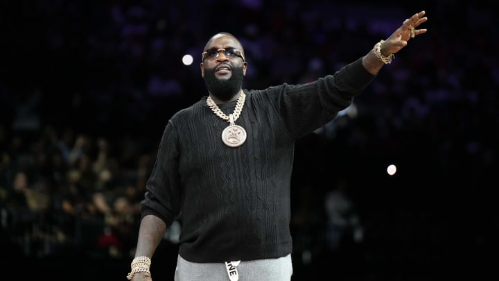 Sep 24, 2023; Las Vegas, Nevada, USA; Recording artist and rapper Rick Ross performs during game one of the 2023 WNBA Semifinals between the Dallas Wings and the Las Vegas Aces at Michelob Ultra Arena. Mandatory Credit: Kirby Lee-USA TODAY Sports