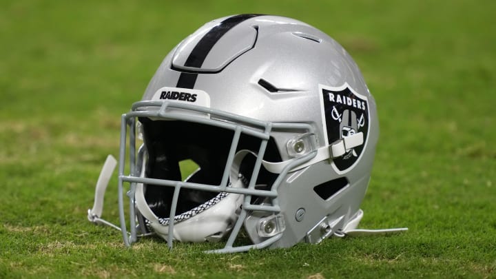 Aug 23, 2024; Paradise, Nevada, USA; A Las Vegas Raiders Riddell speedflex helmet on the field at Allegiant Stadium. Mandatory Credit: Kirby Lee-USA TODAY Sports