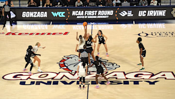 Mar 23, 2024; Spokane, Washington, USA; A general overall view of the opening tipoff between Gonzaga Bulldogs forward Yvonne Ejim (15) and UC Irvine Anteaters forward Nevaeh Dean (24) at McCarthey Athletic Center. Mandatory Credit: Kirby Lee-Imagn Images