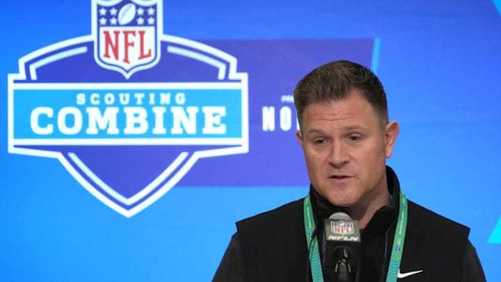 Feb 27, 2024; Indianapolis, IN, USA; Green Bay Packers general manager Brian Gutekunst during the NFL Scouting Combine at Indiana Convention Center. Mandatory Credit: Kirby Lee-Imagn Images