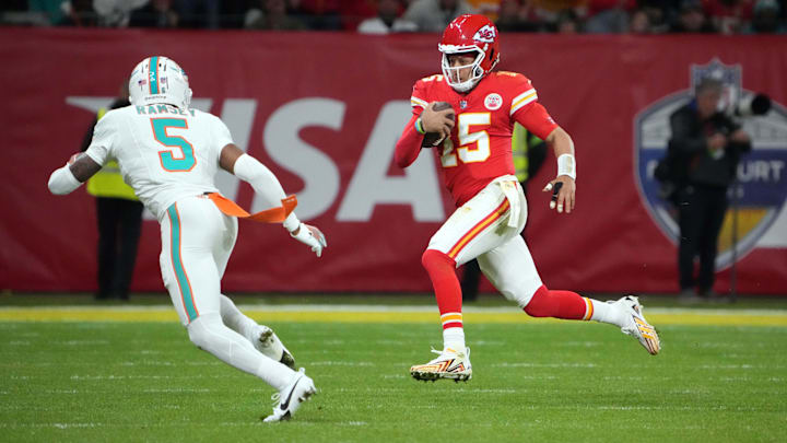 Kansas City Chiefs quarterback Patrick Mahomes carries the ball against Miami Dolphins cornerback Jalen Ramsey. Kansas City Chiefs quarterback Patrick Mahomes carries the ball against Miami Dolphins cornerback Jalen Ramsey.