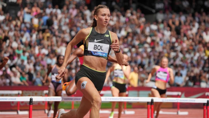 Jul 20, 2024: Femke Bol wins the women's 400m hurdles in a meet-record 51.30 during the London Athletics Meet at London Stadium.