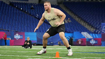 Mar 3, 2024; Indianapolis, IN, USA; Arkansas offensive lineman Beaux Limmer (OL45) during the 2024 NFL Scouting Combine at Lucas Oil Stadium. Mandatory Credit: Kirby Lee-Imagn Images