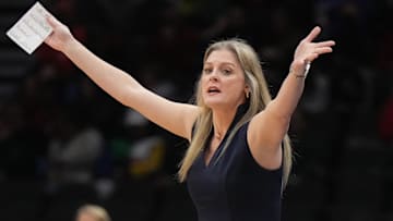 Mar 25, 2023; Seattle, WA, USA; Tennessee Lady Vols head coach Kellie Harper reacts against the Virginia Tech Hokies in the first half at Climate Pledge Arena. Mandatory Credit: Kirby Lee-Imagn Images