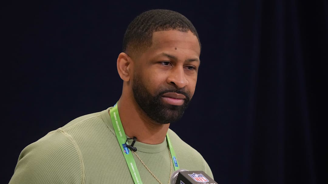 Feb 25, 2025; Indianapolis, IN, USA; Cleveland Browns general manager Andrew Berry speaks during the NFL Scouting Combine at the Indiana Convention Center. Mandatory Credit: Kirby Lee-Imagn Images