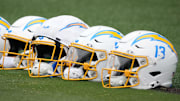 Jul 21, 2025; El Segundo, CA, USA; Los Angeles Chargers helmets at training camp at The Bolt. Mandatory Credit: Kirby Lee-Imagn Images