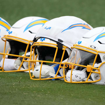 Jul 21, 2025; El Segundo, CA, USA; Los Angeles Chargers helmets at training camp at The Bolt. Mandatory Credit: Kirby Lee-Imagn Images