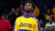 Mar 17, 2025; Los Angeles, California, USA; Los Angeles Lakers guard Bronny James during the game against the San Antonio Spurs at the Crypto.com Arena. Mandatory Credit: Kirby Lee-Imagn Images