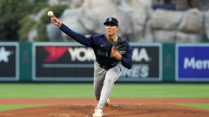 Seattle Mariners starting pitcher Bryan Woo (22) throws in the first inning against the Los Angeles Angels at Angel Stadium on Aug 31.