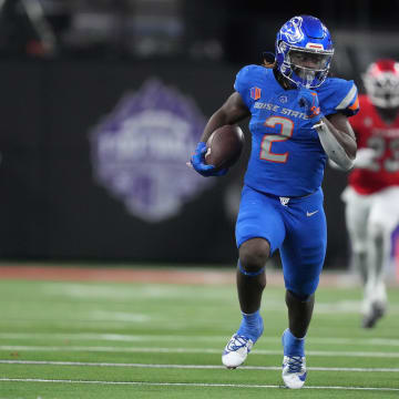 Dec 2, 2023; Las Vegas, NV, USA; Boise State Broncos running back Ashton Jeanty (2) carries the ball against the UNLV Rebels in the second half during the Mountain West Championship at Allegiant Stadium. Mandatory Credit: Kirby Lee-USA TODAY Sports