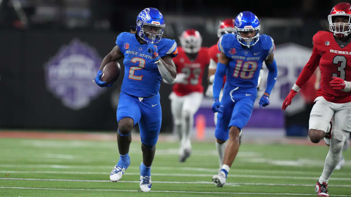 Dec 2, 2023; Las Vegas, NV, USA; Boise State Broncos running back Ashton Jeanty (2) carries the ball against the UNLV Rebels in the second half during the Mountain West Championship at Allegiant Stadium. Mandatory Credit: Kirby Lee-USA TODAY Sports