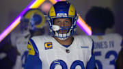 Los Angeles Rams defensive tackle Aaron Donald enters the field before the game against the Cleveland Browns at SoFi Stadium. 