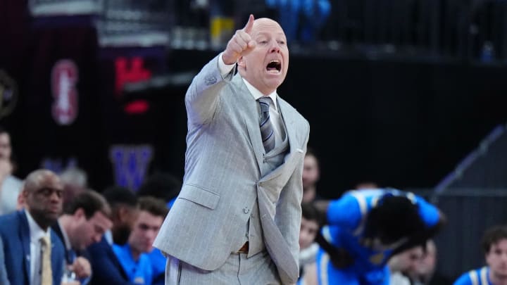 Mar 14, 2024; Las Vegas, NV, USA; UCLA Bruins head coach Mick Cronin reacts against the Oregon Ducks in the first half at T-Mobile Arena.