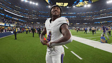Nov 25, 2024; Inglewood, California, USA; Baltimore Ravens wide receiver Zay Flowers (4) reacts after the game against the Los Angeles Chargers at SoFi Stadium. Mandatory Credit: Kirby Lee-Imagn Images