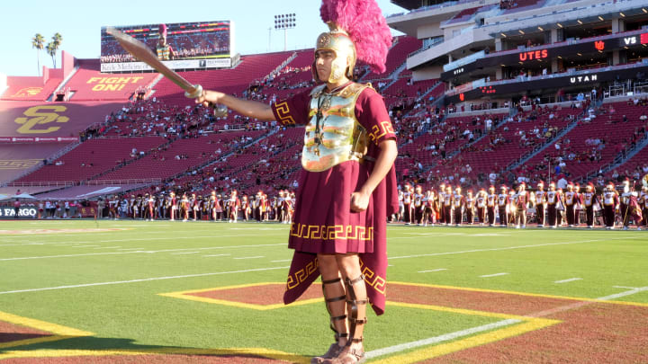 Oct 21, 2023; Los Angeles, California, USA; Southern California Trojans drum major mascot Tommy Trojan during the game against the Utah Utes at United Airlines Field at Los Angeles Memorial Coliseum. Mandatory Credit: Kirby Lee-USA TODAY Sports