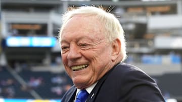 Oct 16, 2023; Inglewood, California, USA; Dallas Cowboys owner Jerry Jones reacts during the game against the Los Angeles Chargers at SoFi Stadium. Mandatory Credit: Kirby Lee-Imagn Images