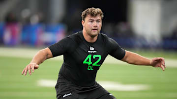 Mar 2, 2025; Indianapolis, IN, USA; Boston College offensive lineman Ozzy Trapilo (42) during the 2025 NFL Scouting Combine at Lucas Oil Stadium. Mandatory Credit: Kirby Lee-Imagn Images