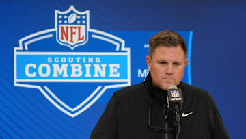 Feb 25, 2025; Indianapolis, IN, USA; Green Bay Packers general manager Brian Gutekunst speaks during the NFL Scouting Combine at the Indiana Convention Center. Mandatory Credit: Kirby Lee-Imagn Images