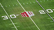 Dec 2, 2023; Las Vegas, NV, USA; The Mountain West conference logo on the field at Allegiant Stadium. Mandatory Credit: Kirby Lee-Imagn Images