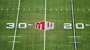 Dec 2, 2023; Las Vegas, NV, USA; The Mountain West conference logo on the field at Allegiant Stadium. Mandatory Credit: Kirby Lee-Imagn Images