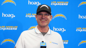 Apr 2, 2024; Costa Mesa, CA, USA; Los Angeles Chargers coach Jim Harbaugh speaks at press conference at Hoag Performance Center. Mandatory Credit: Kirby Lee-USA TODAY Sports