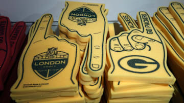 Oct 5, 2022; London, United Kingdom; Green Bay Packers foam fingers with the 2022 NFL London Games logo at the Tottenham Experience at Tottenham Hotspur Stadium. Mandatory Credit: Kirby Lee-Imagn Images