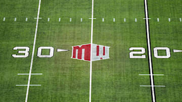 Dec 2, 2023; Las Vegas, NV, USA; The Mountain West conference logo on the field at Allegiant Stadium. Mandatory Credit: Kirby Lee-Imagn Images