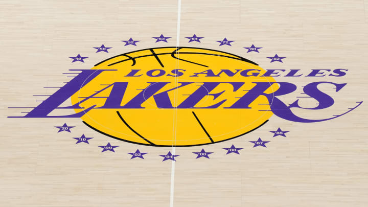 Jan 18, 2023; Los Angeles, California, USA; The Los Angeles Lakers logo at midcourt at Crypto.com Arena. Mandatory Credit: Kirby Lee-USA TODAY Sports