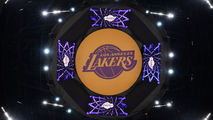 Apr 9, 2024; Los Angeles, California, USA; THe Los Angeles Lakers logo on the video board at Crypto.com Arena. Mandatory Credit: Kirby Lee-USA TODAY Sports