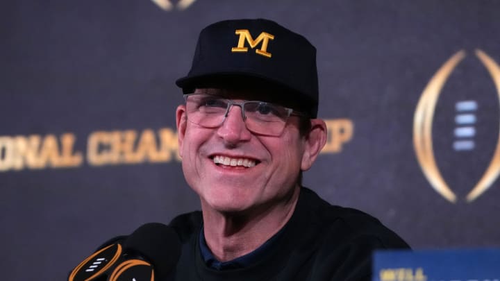 Jan 9, 2024; Houston, TX, USA; Michigan Wolverines coach Jim Harbaugh during College Football National Championship press conference at JW Marriot Houston by the Galleria. Mandatory Credit: Kirby Lee-USA TODAY Sports