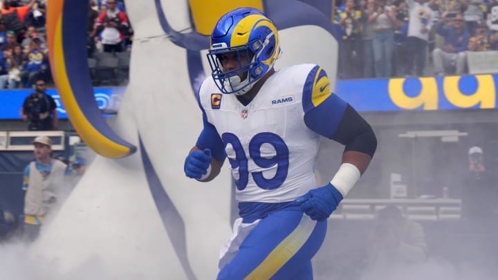 Dec 3, 2023; Inglewood, California, USA; Los Angeles Rams defensive tackle Aaron Donald (99) enters the field before the game against the Cleveland Browns at SoFi Stadium. Mandatory Credit: Kirby Lee-USA TODAY Sports