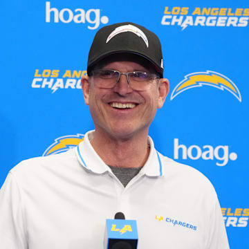 Apr 2, 2024; Costa Mesa, CA, USA; Los Angeles Chargers coach Jim Harbaugh speaks at press conference at Hoag Performance Center. Mandatory Credit: Kirby Lee-Imagn Images