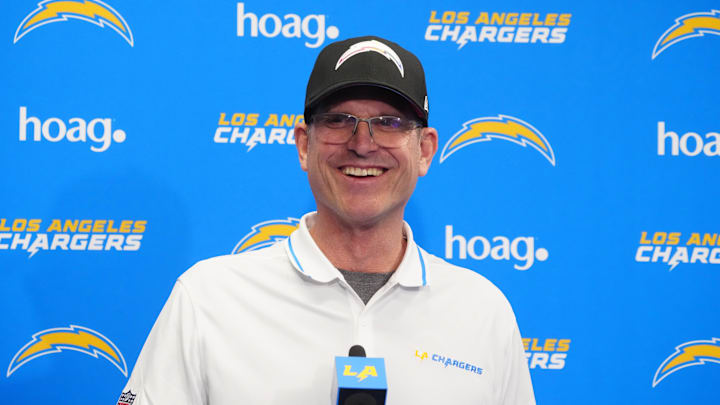 Apr 2, 2024; Costa Mesa, CA, USA; Los Angeles Chargers coach Jim Harbaugh speaks at press conference at Hoag Performance Center. Mandatory Credit: Kirby Lee-Imagn Images