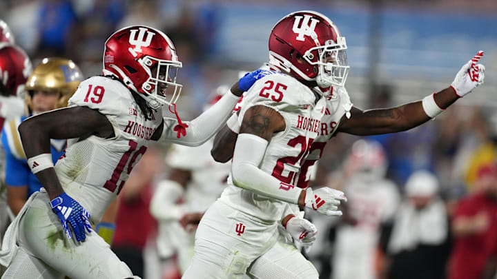 Indiana Hoosiers defensive back Amare Ferrell celebrates with defensive back Shawn Asbury II 