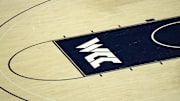 Mar 23, 2024; Spokane, Washington, USA; The West Coast Conference (WCC) logo on the court  at McCarthey Athletic Center. Mandatory Credit: Kirby Lee-Imagn Images