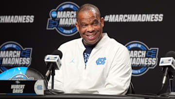Mar 27, 2024; Los Angeles, CA, USA; North Carolina Tar Heels coach Hubert Davis during a press conference prior to NCAA Tournament at West Regional at Crypto.com Arena. Mandatory Credit: Kirby Lee-Imagn Images