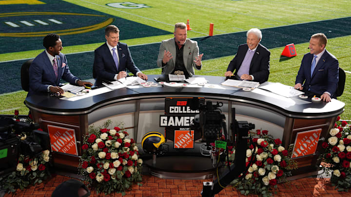 Jan 1, 2024; Pasadena, CA, USA; From left: Desmond Howard, Rece Davis, Pat McAfee, Lee Corso and Kirk Herbstreit on the ESPN College Gameday set at the 2024 Rose Bowl college football playoff semifinal game at Rose Bowl. 