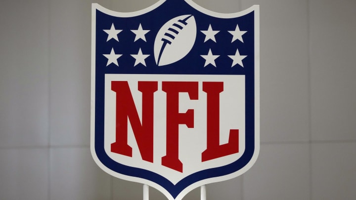 Feb 5, 2024; Las Vegas, NV, USA; A NFL shield logo at the Super Bowl 58 media center at the Mandalay Bay resort and casino. Mandatory Credit: Kirby Lee-USA TODAY Sports