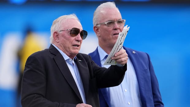 Dallas Cowboys owner Jerry Jones and chief executive vice president Stephen Jones before a game against the Chargers