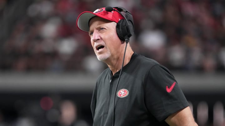 Aug 13, 2023; Paradise, Nevada, USA; San Francisco 49ers offensive line coach Chris Foerster watches from the sidelines in the second half against the Las Vegas Raiders at Allegiant Stadium. Mandatory Credit: Kirby Lee-USA TODAY Sports