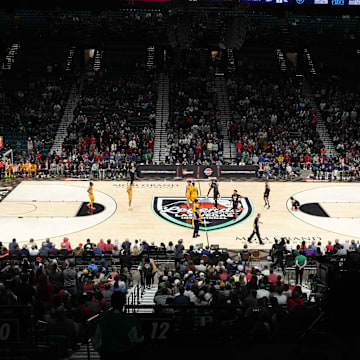 Dec 2, 2023; Las Vegas, Nevada, USA; A general overall view of the MGM Grand Garden Arena during the Legends of Basketball Las Vegas Invitational game between the Southern California Trojans and the Gonzaga Bulldogs. Mandatory Credit: Kirby Lee-Imagn Images