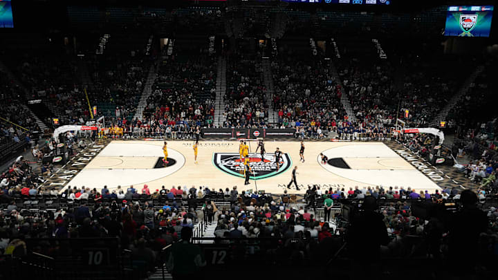 Dec 2, 2023; Las Vegas, Nevada, USA; A general overall view of the MGM Grand Garden Arena during the Legends of Basketball Las Vegas Invitational game between the Southern California Trojans and the Gonzaga Bulldogs. Mandatory Credit: Kirby Lee-Imagn Images