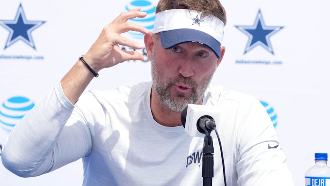 Dallas Cowboys coach Brian Schottenheimer at the training camp press conference at the River Ridge Fields.