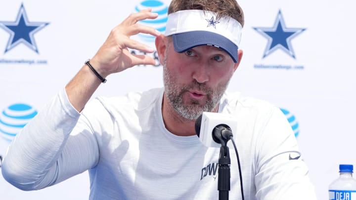 Dallas Cowboys coach Brian Schottenheimer at the training camp press conference at the River Ridge Fields.